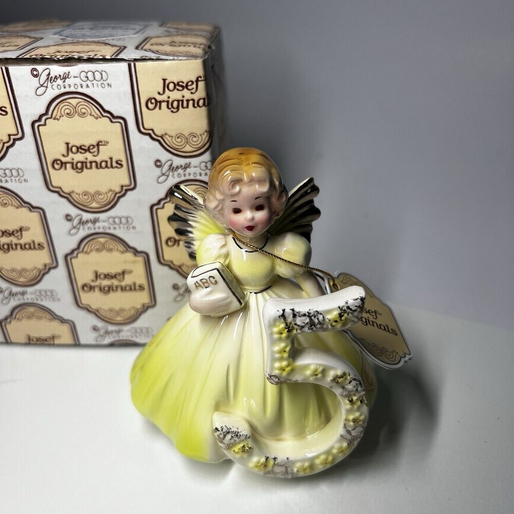 Josef Originals Birthday Girl Angel Age 5 Fifth Year ABC Book Figurine Box Tag